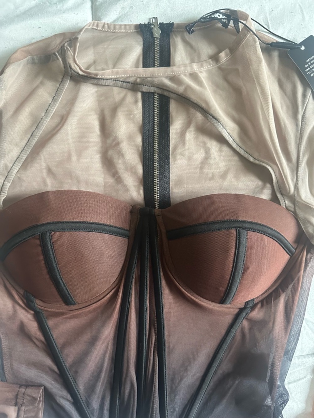 Fashion Nova Sheer Mesh Bustier Top in Brown Combo size S NWT - Picture 2 of 5